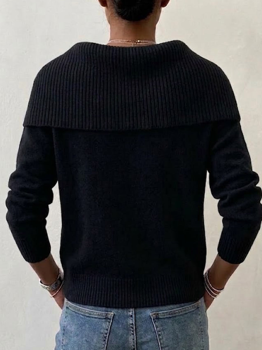 Asymmetric Pearl‑trim Draped Cowl Collar Knit Sweater