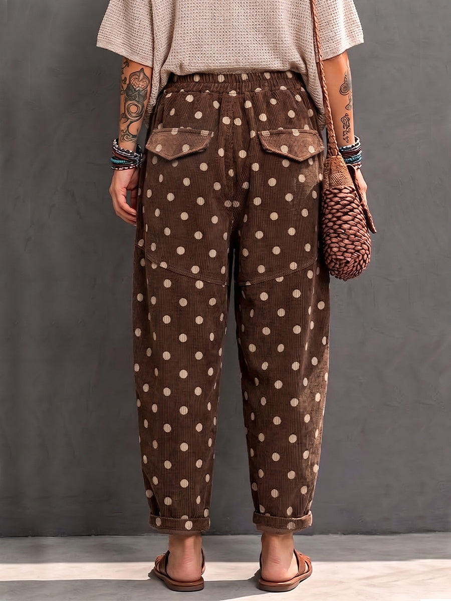 Pantaloni harem in velluto a coste a pois casual retrò