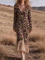 Vestido largo con estampado de leopardo difuso y dobladillo empalmado de encaje para mujer