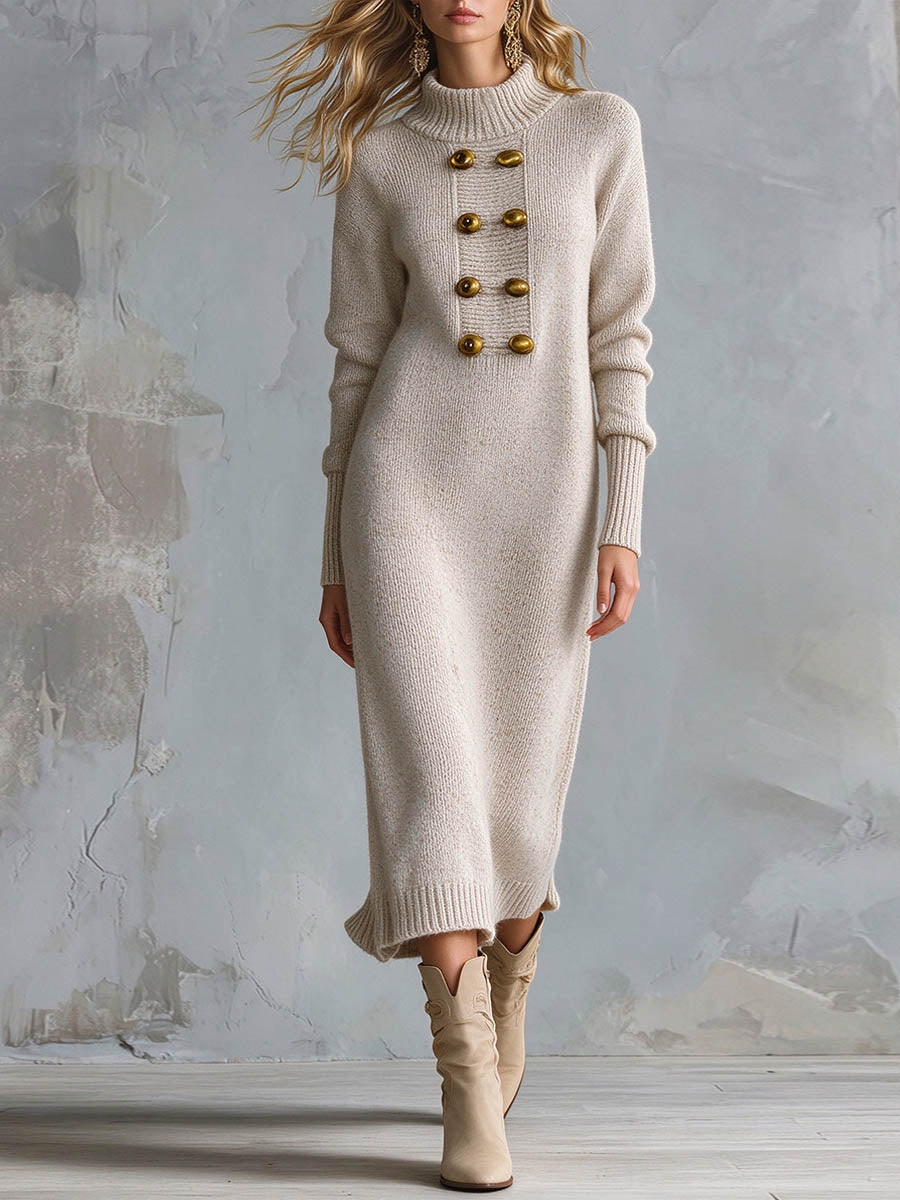 Women's Turtleneck Knit Midi Sweater Dress With Button Detail