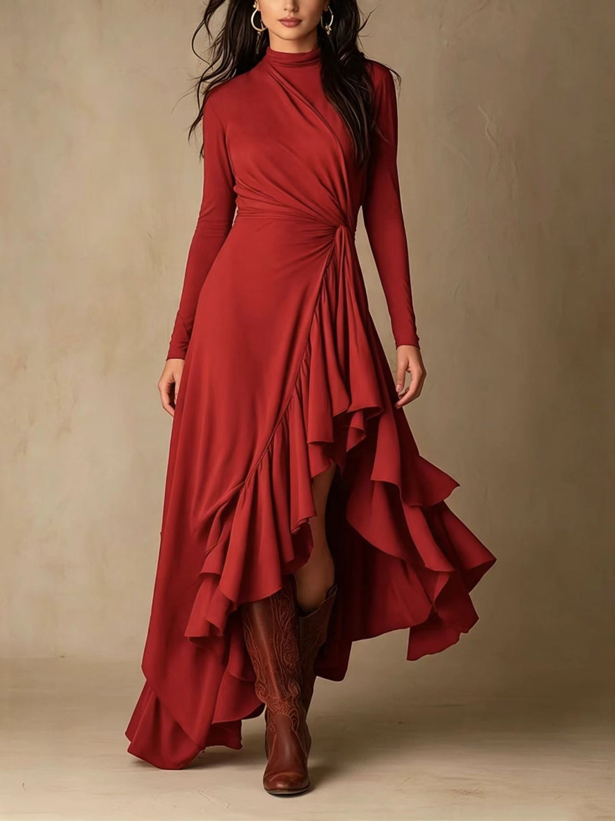 Elegante vestido midi de punto asimétrico con detalle retorcido que define la cintura