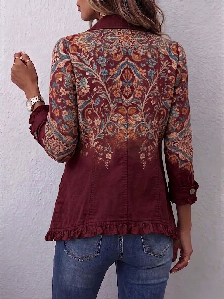 Boho-style Vintage Floral Print Ruffled Jacket
