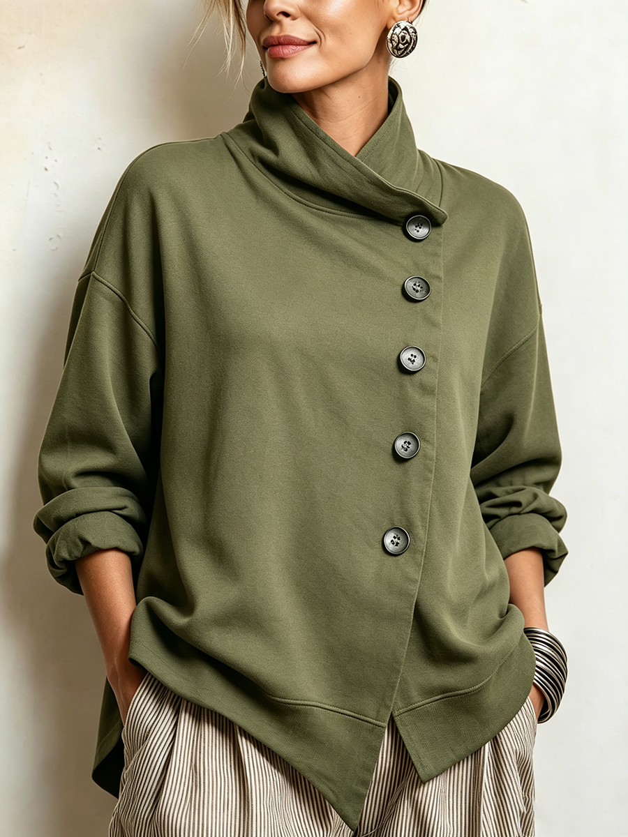 Chic High Funnel Neck Asymmetric Olive Sweatshirt