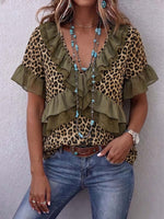 Women's Leopard Print Ruffled V-neck Short-sleeved Casual Loose Top
