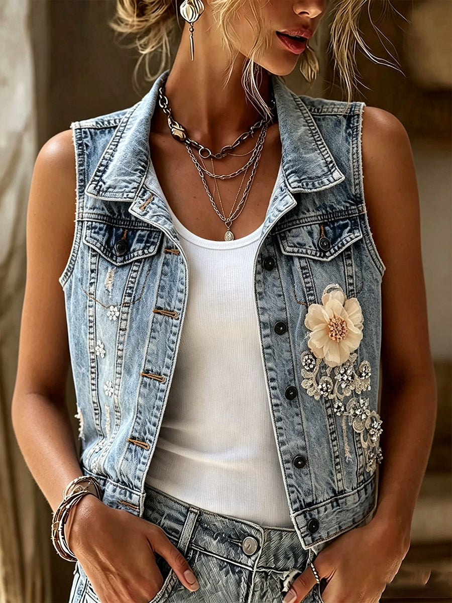 Romantic 3D Floral Embellished Denim Vest