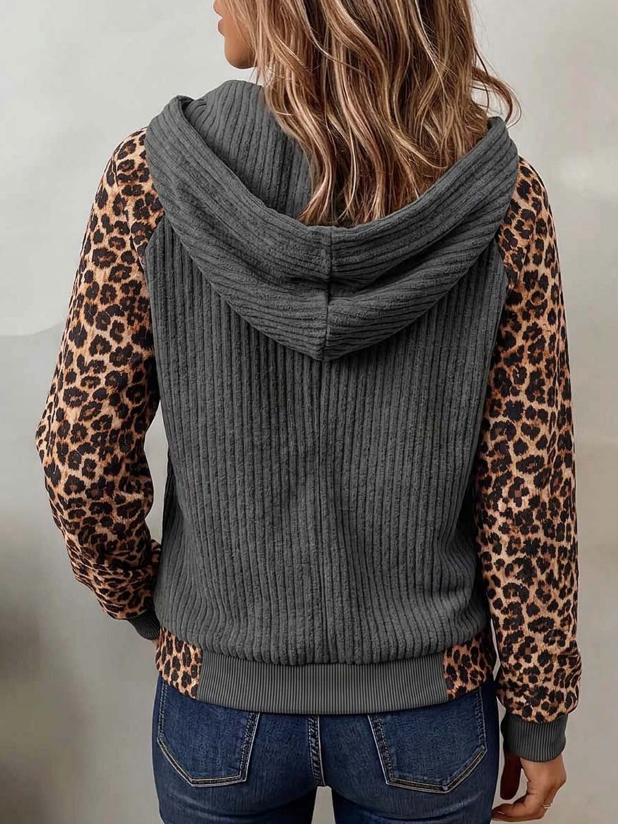 Virina Griza Korduroy Zip-Up Hoodie kun Leoparda Kontrasto