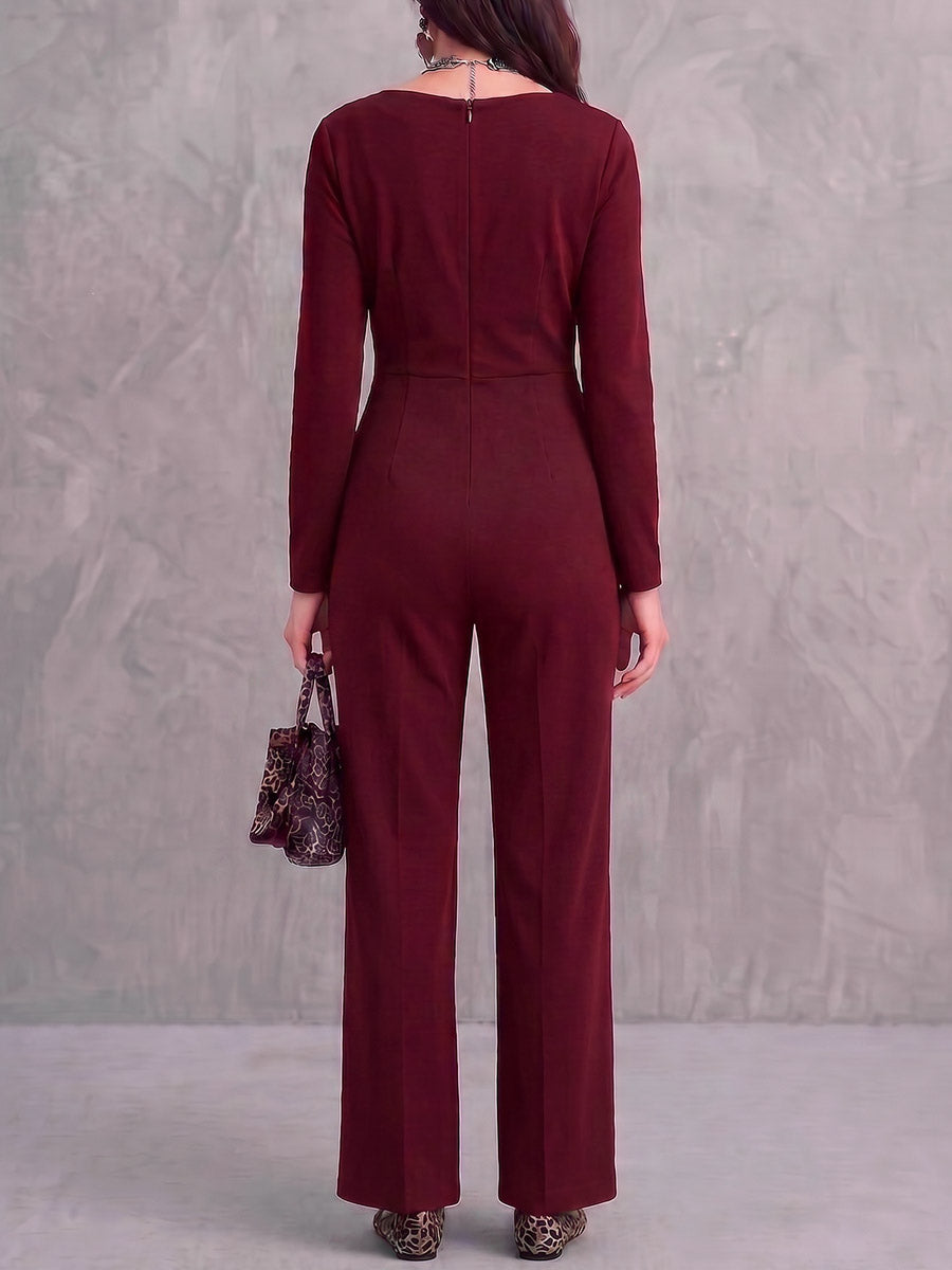 Women's Solid Color Duffle Neck Long Sleeve Casual Loose Pleated Wide Leg Jumpsuit