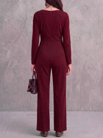 Women's Solid Color Duffle Neck Long Sleeve Casual Loose Pleated Wide Leg Jumpsuit
