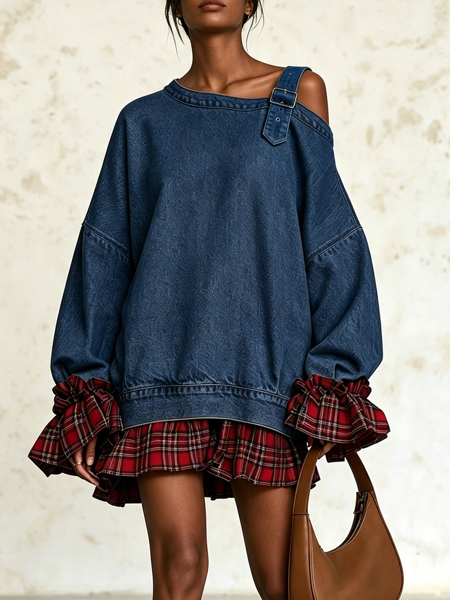 Mini abito in denim asimmetrico con cinturino con fibbia tagliente