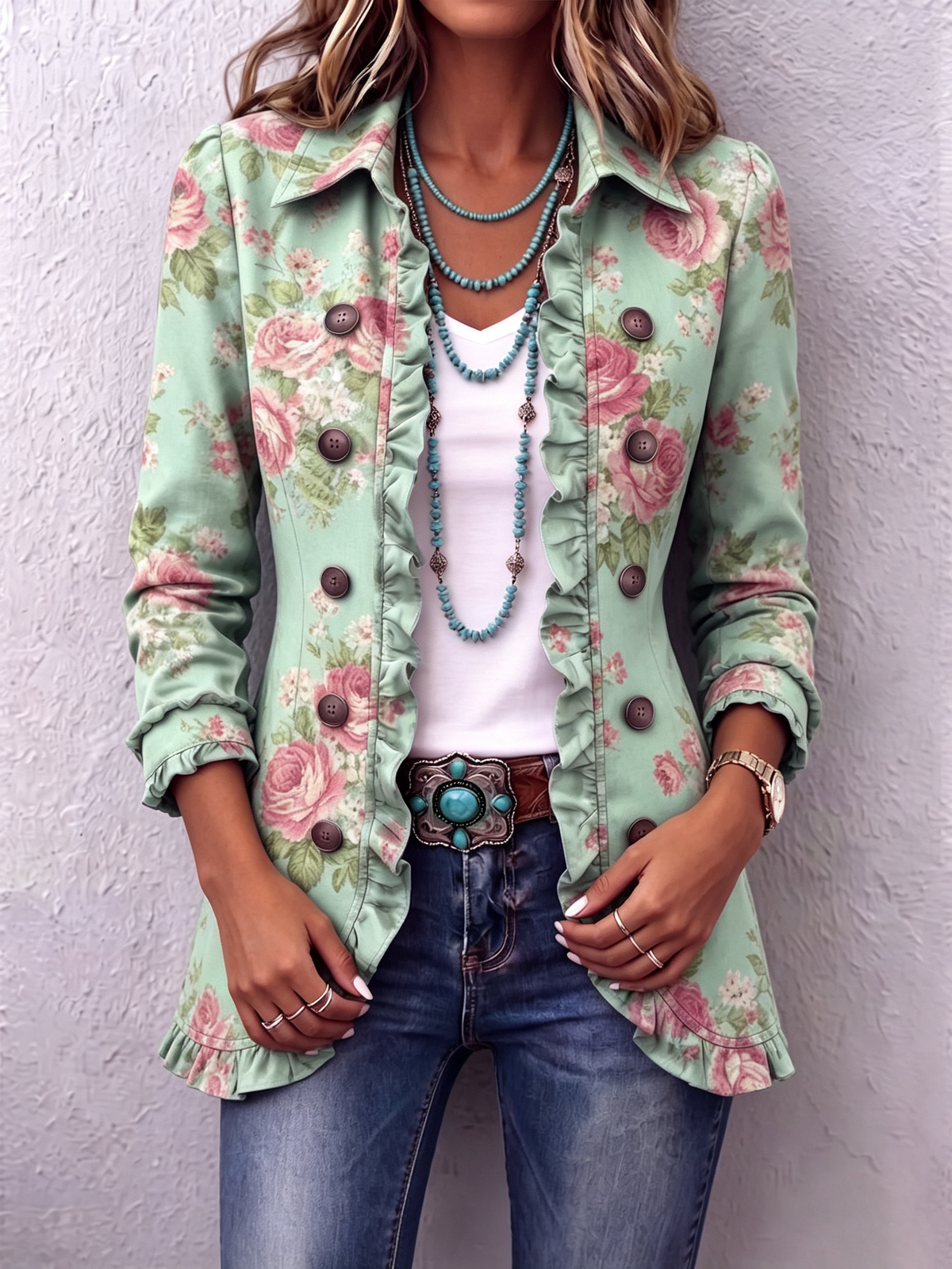 Chic Vintage Floral Print Ruffle Jacket