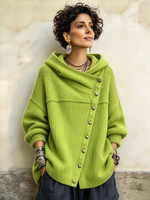 Ŝika Oversized Ribbed Asimetria Butona Kapuĉa Svetero