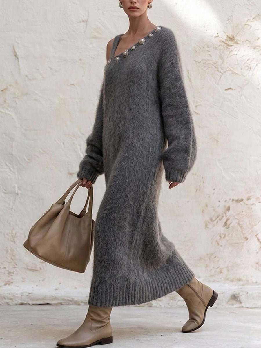 Women's Solid-color Off-shoulder Long-sleeve Loose-fit Mohair-blend Knit Dress