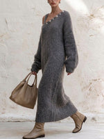 Women's Solid-color Off-shoulder Long-sleeve Loose-fit Mohair-blend Knit Dress