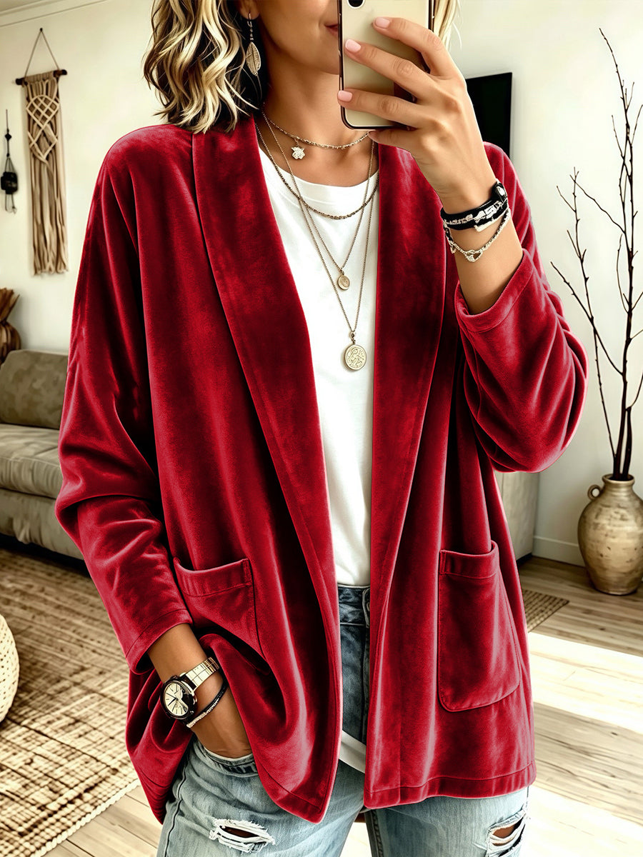 Cozy Velvet Open-Front Pocket Cardigan