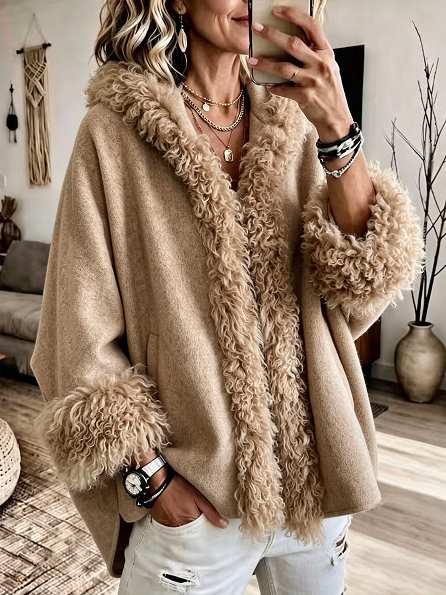 Cozy Shearling-Trimmed Hooded Cape Jacket