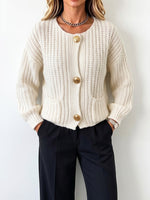 Round Neck Chunky Knit Gold‑button Cropped Cardigan