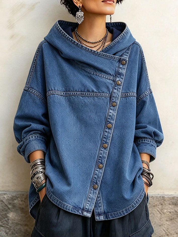 Malstreĉita Oversized Denim Asimetria Butona Kapuĉa Jako