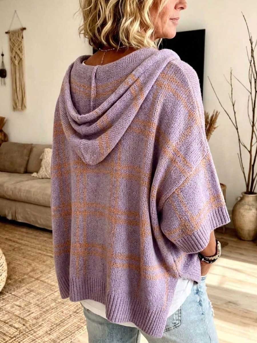 Damen-Strickponcho mit Kapuze und kariertem Muster und halben Ärmeln