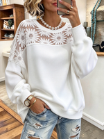 Schickes, elegantes Herbst-Winter-Casual-Sweatshirt mit Gänseblümchen-Spitze in Weiß