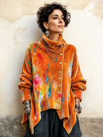 Top asimmetrico in velluto con stampe artistiche di schizzi colorati