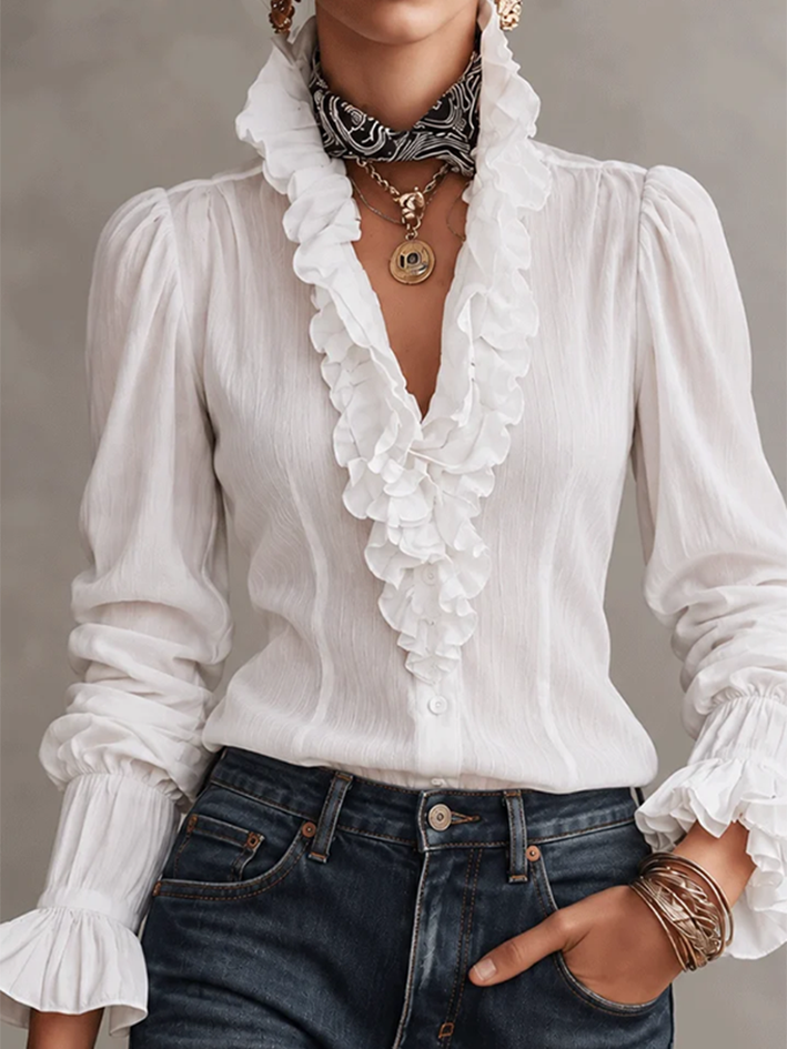 Elegante top in misto cotone con volant e volant