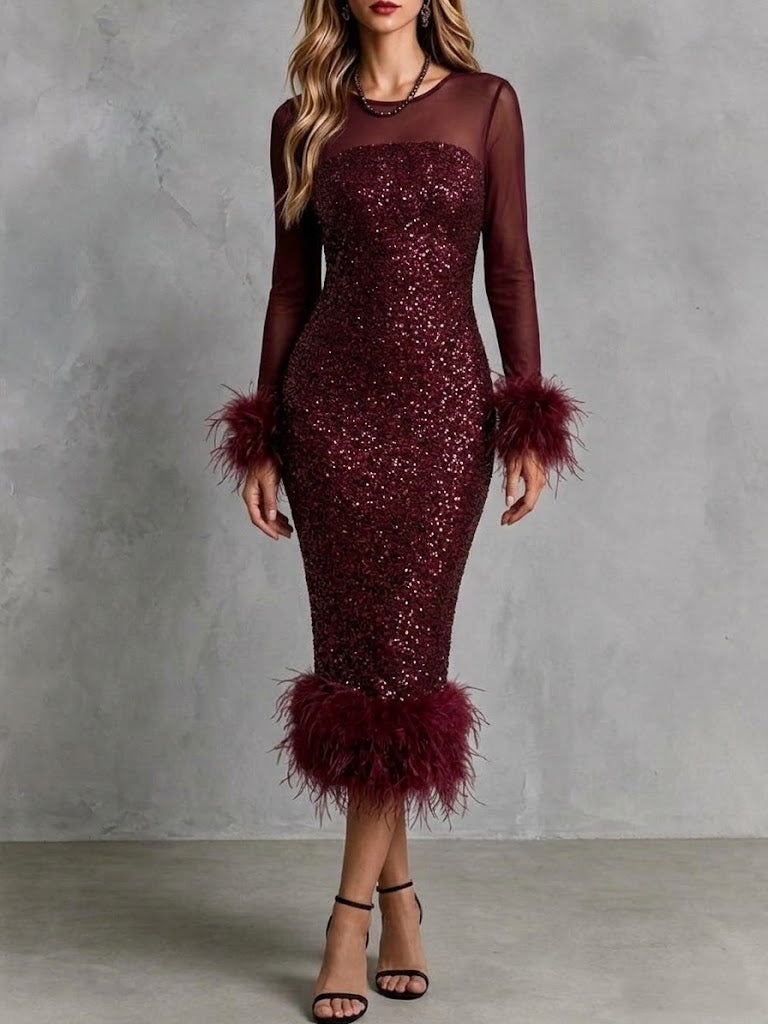 Midikleid aus Pailletten und Netzstoff mit Federbesatz und figurbetonter Passform