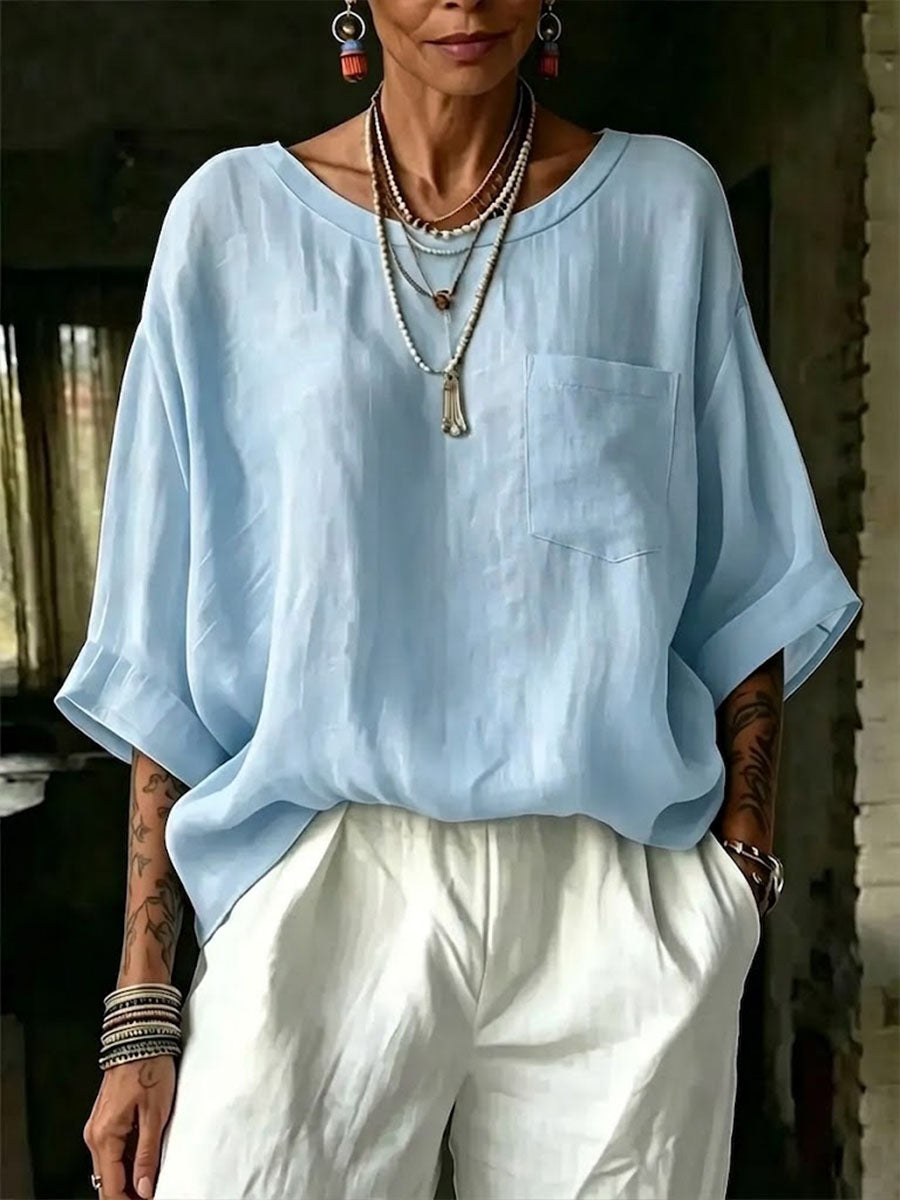 Lässiges Damen-T-Shirt aus Baumwoll-Leinen-Mischgewebe mit Taschen