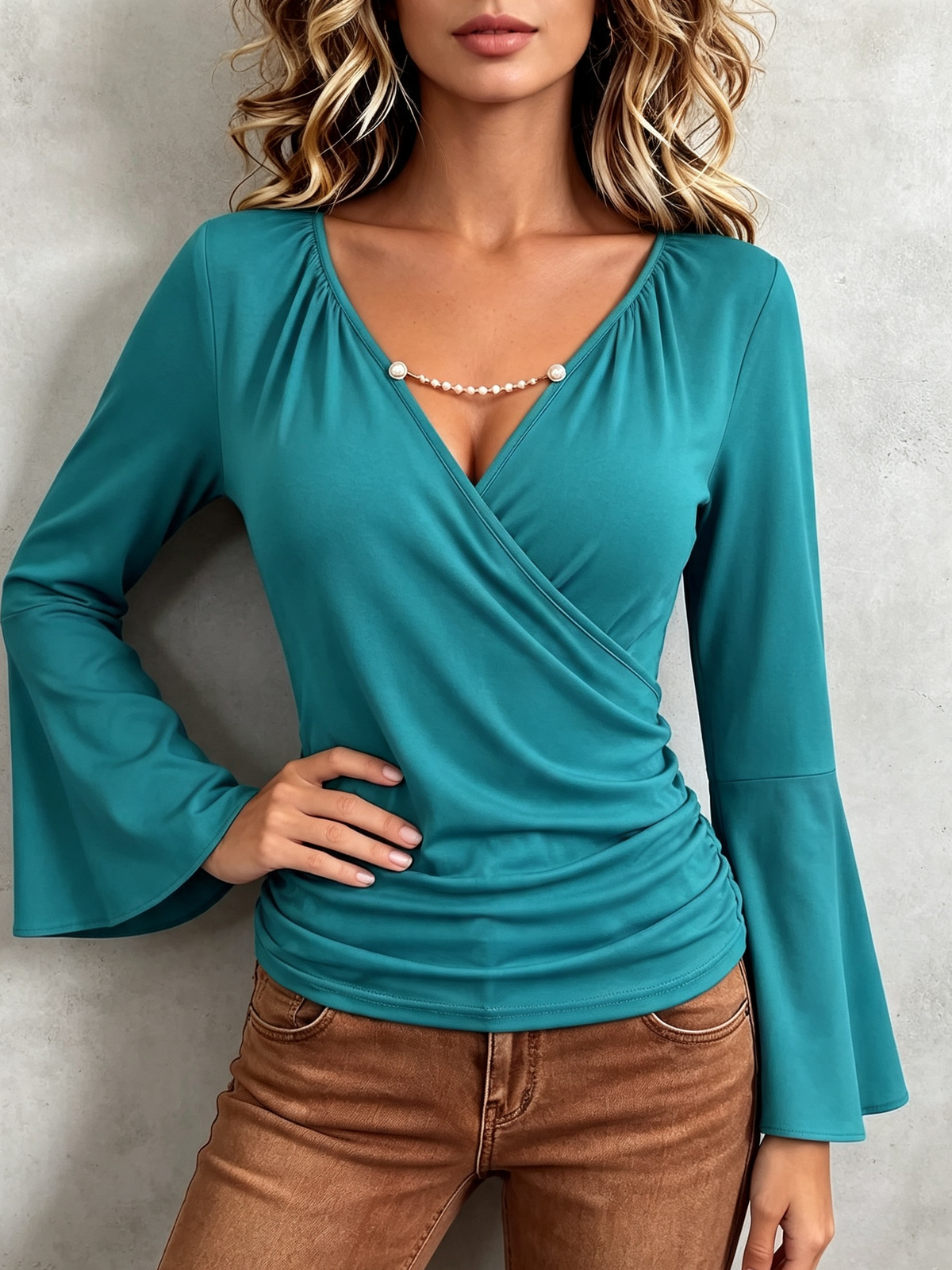 Elegant V-neck Flared Sleeve Stretch Shirt Blouse