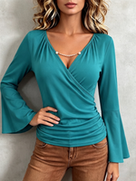 Elegant V-neck Flared Sleeve Stretch Shirt Blouse