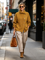 Cozy Chic Mustard Cable-knit Asymmetrical Cardigan Sweater