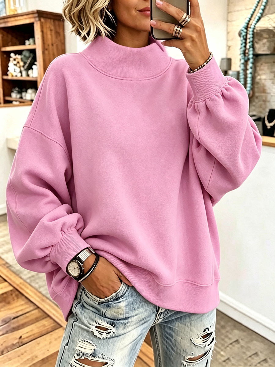 Cozy Pink High-neck Oversized Sweatshirt