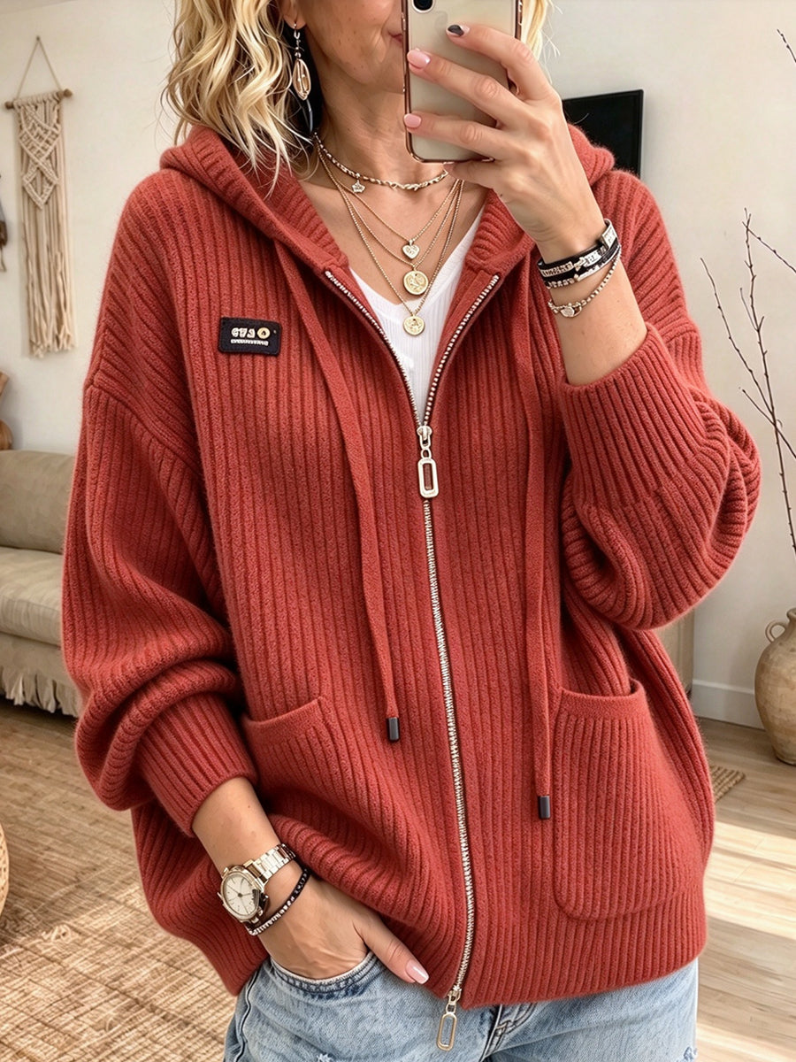 Cozy And Casual Ribbed Knit Zip-up Hooded Cardigan