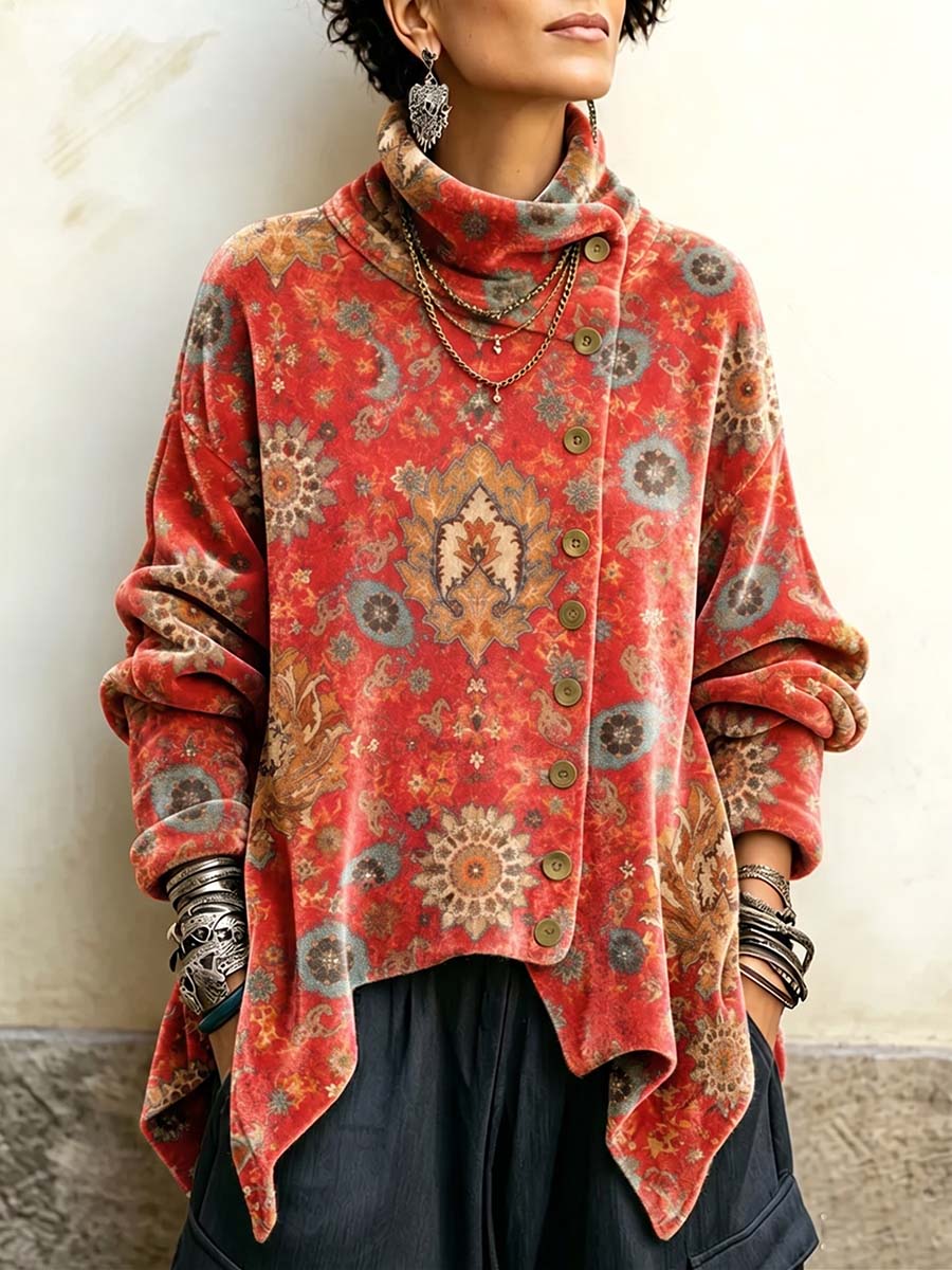 Top in velluto ampio da donna con stampa vintage a collo alto e maniche lunghe