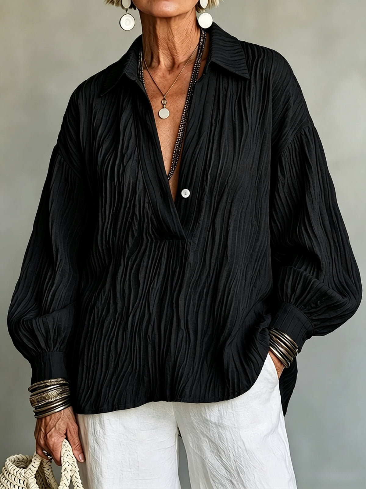Elegant Burgundy Crinkled V-Neck Blouse