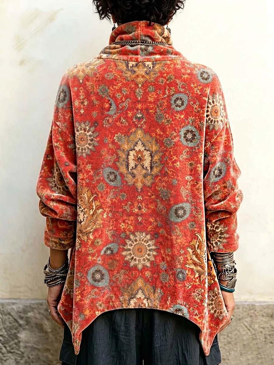 Top in velluto ampio da donna con stampa vintage a collo alto e maniche lunghe