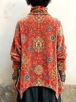 Top in velluto ampio da donna con stampa vintage a collo alto e maniche lunghe