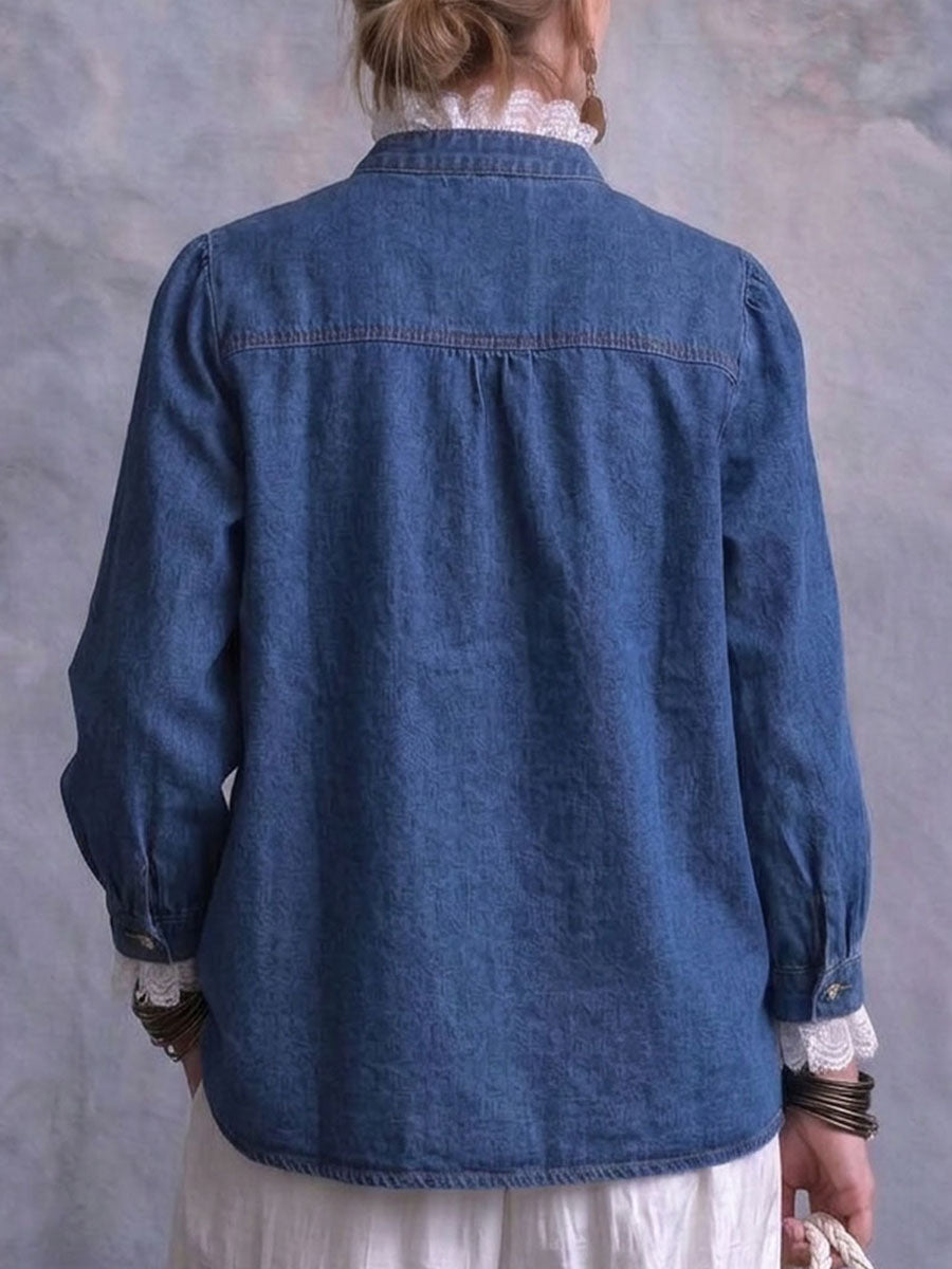 Women's Vintage Denim Shirt with Lace Ruffle Trim Long Sleeve Stand Collar Blouse