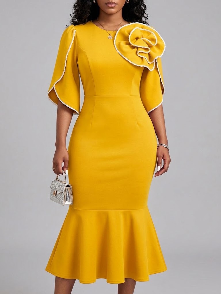 3d Floral Applique Flare Sleeve Mermaid Midi Dress