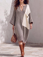 Women's V-neck Long-sleeve Casual Loose Color-block Knit Dress