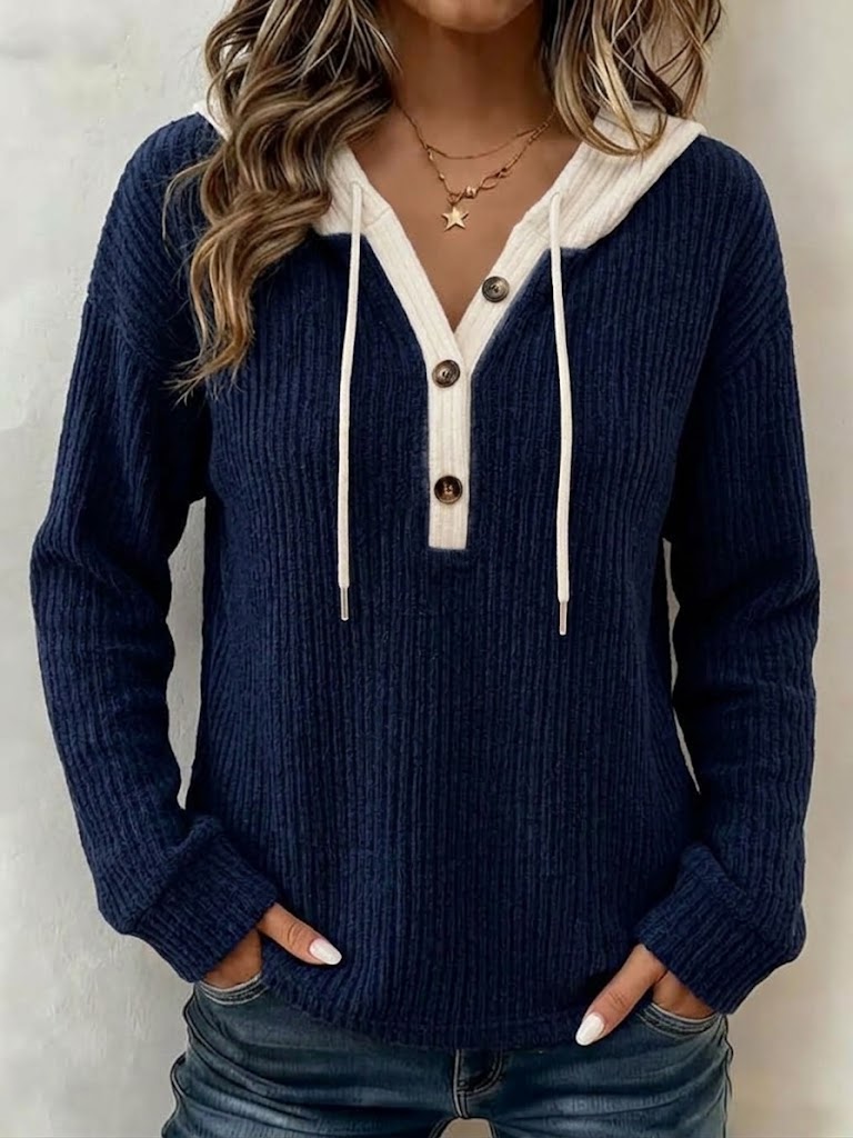 Top casual con medio botón y capucha con bloques de color para mujer