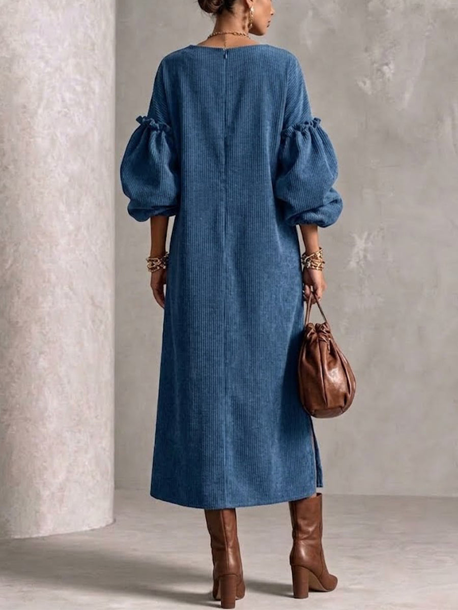 Corduroy Maxi Skirt With Crew Neck, Lantern Sleeves, And Side Slit