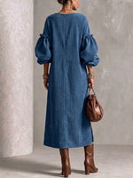 Corduroy Maxi Skirt With Crew Neck, Lantern Sleeves, And Side Slit