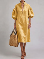 Women's Solid Color 3/4 Neck Long Sleeve Casual Loose Cotton Linen Dress