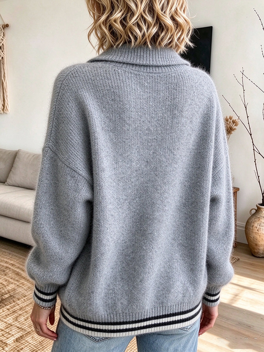 Jersey acogedor e informal en mezcla de lana con media cremallera y puños a rayas