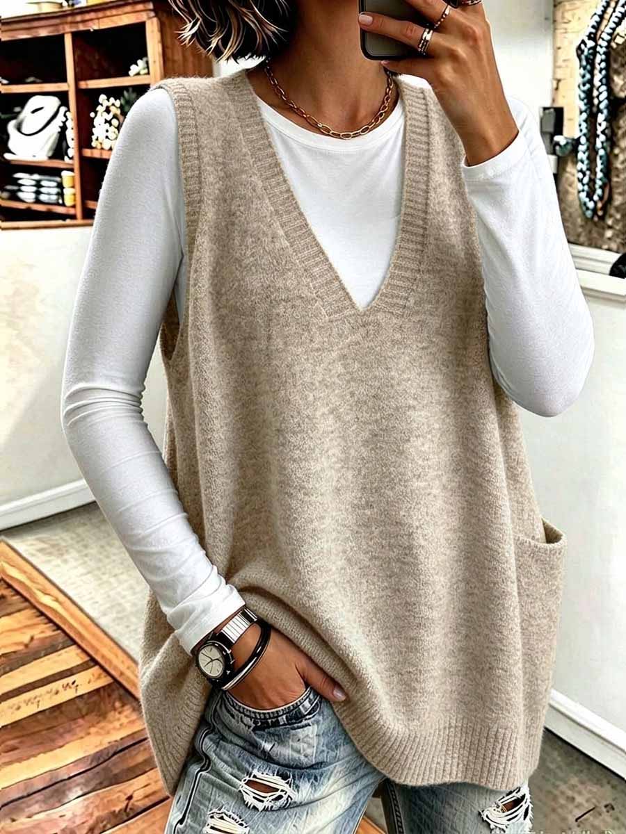 Gilet maglione lavorato a maglia oversize con scollo a V da donna con tasche