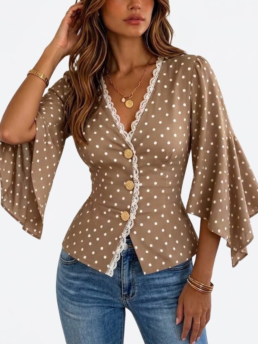 Polka-dot Top With Lace Splicing, V-neck, Single-breasted Closure, And Three-quarter Length Flared Sleeves