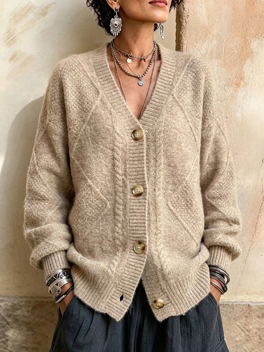 Cardigan monopetto in maglia a trecce con scollo a V
