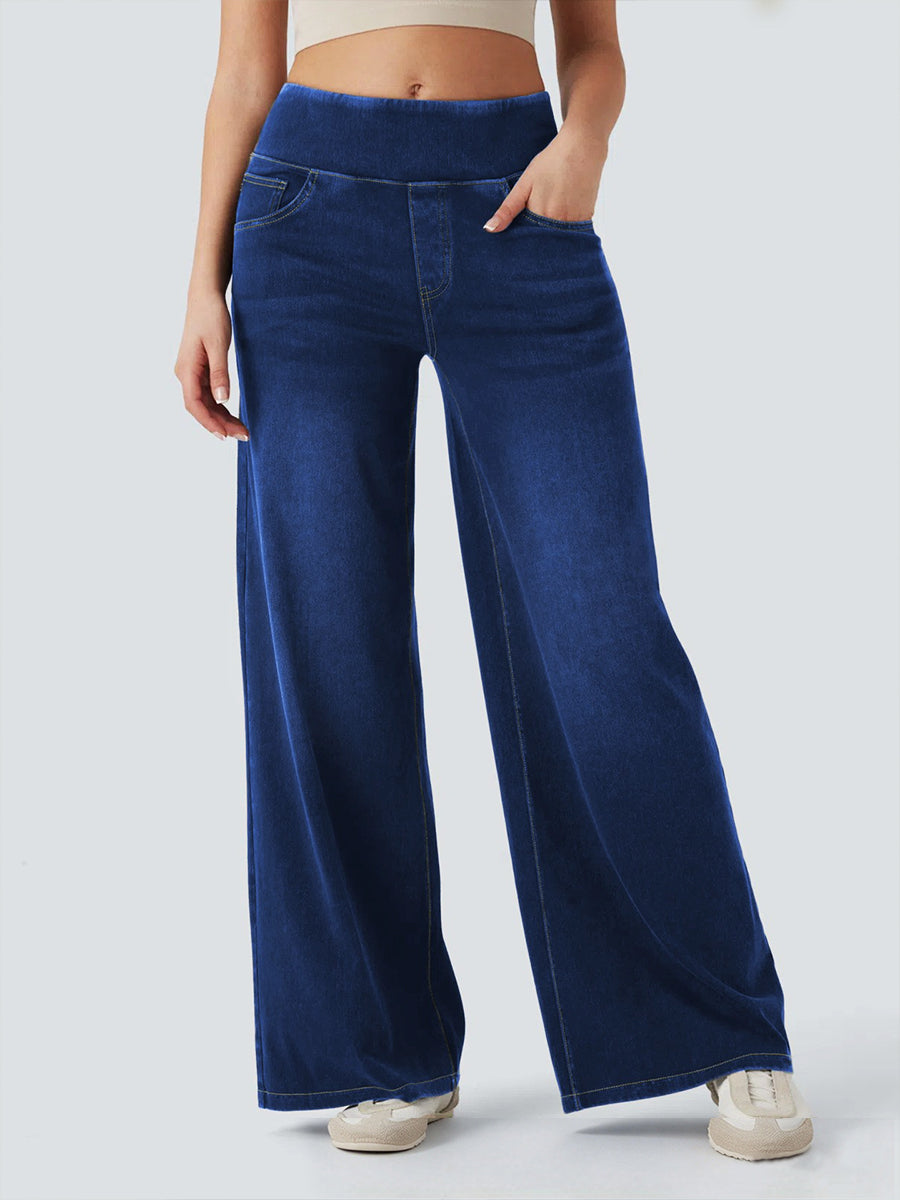 カジュアルで快適、伸縮性のあるウエストゴムソフトデニムジーンズ