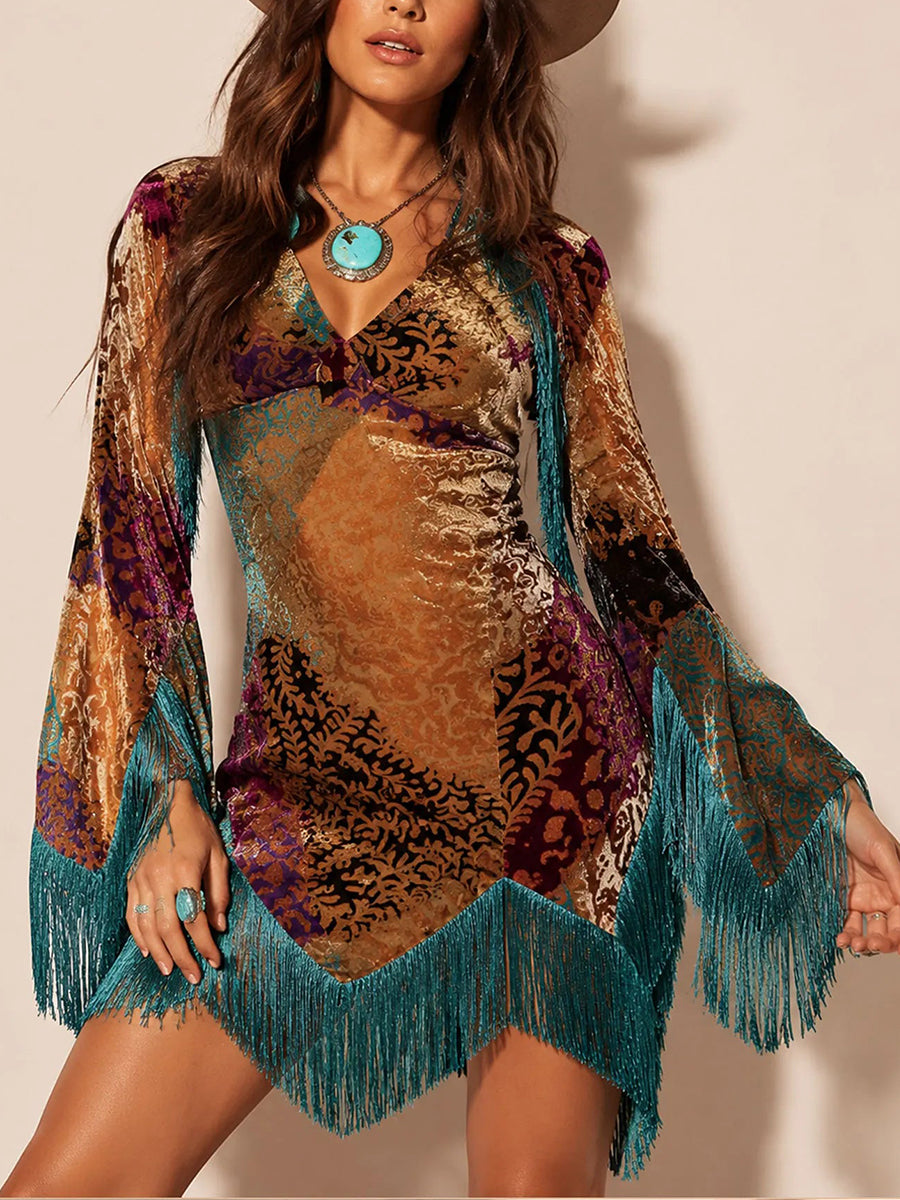 Böhmisches Samt-Fransen-Patchwork-Kleid