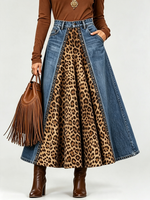 Bold Mixed-media Denim Leopard Print Skirt